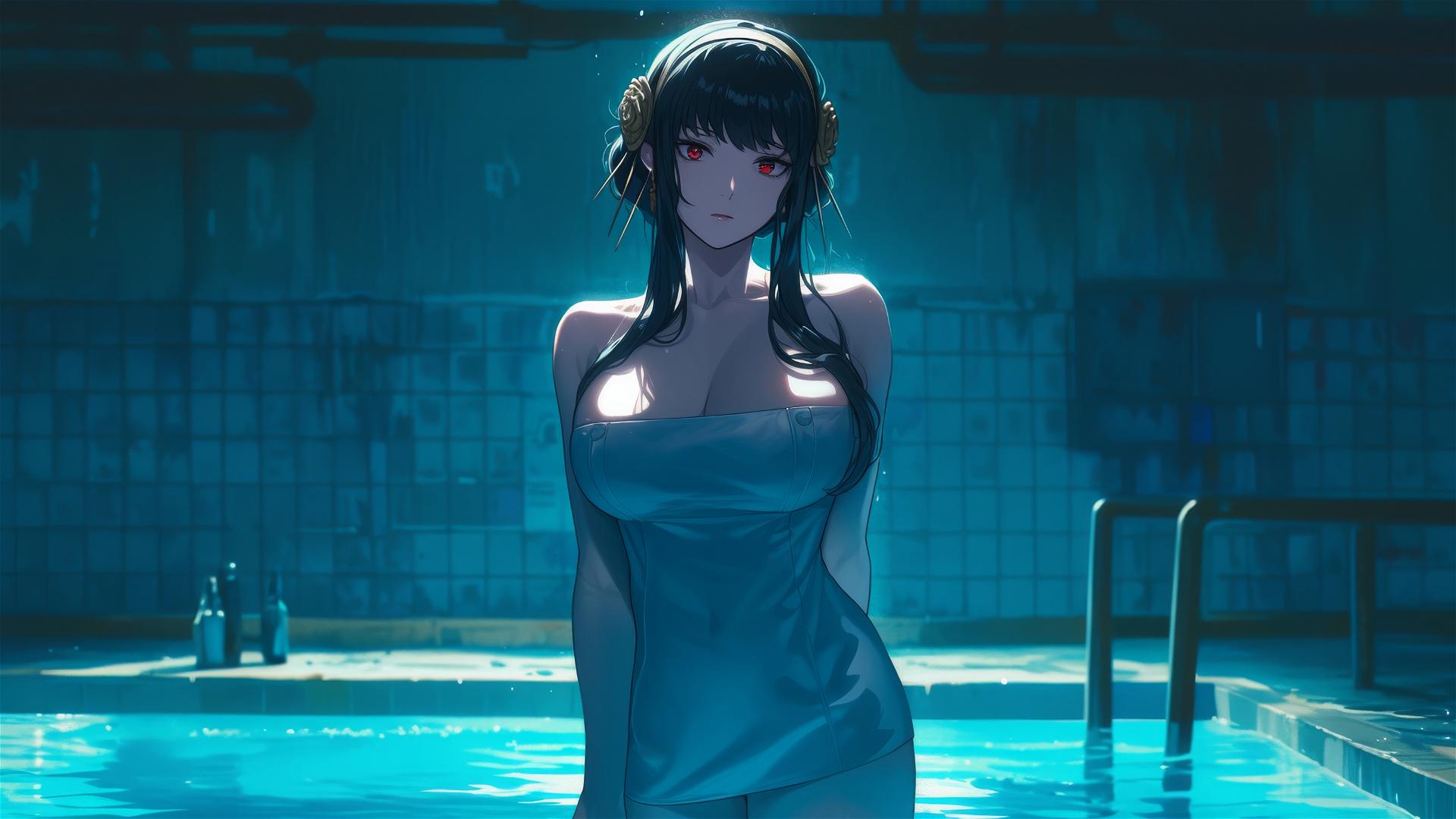 Yor Forger as a bunny girl in a pool by moonlight on a rainy day
