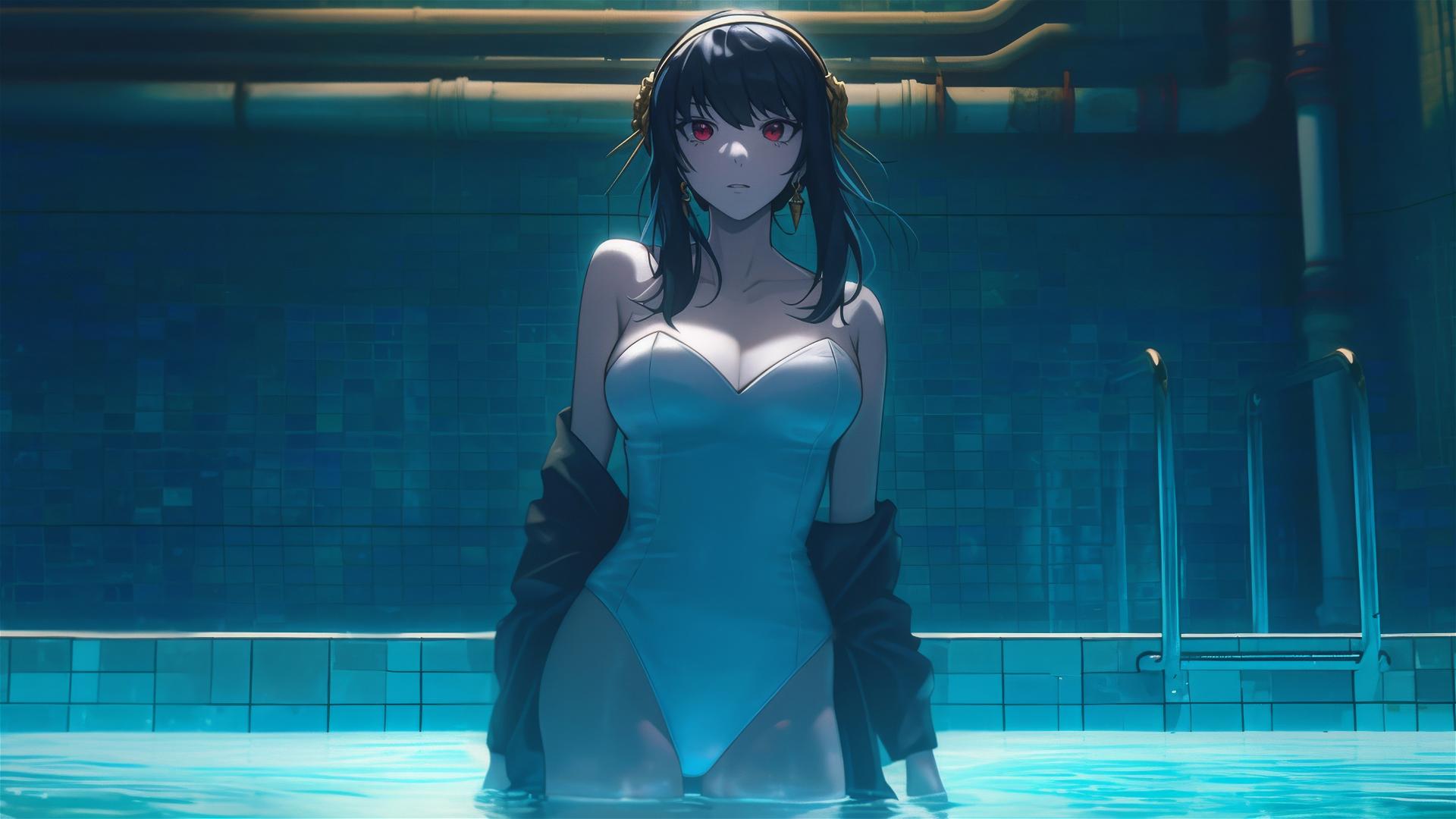Yor Forger from Spy x Family in bunny girl style standing in a pool under moonlight on a rainy day, dressed in white.
