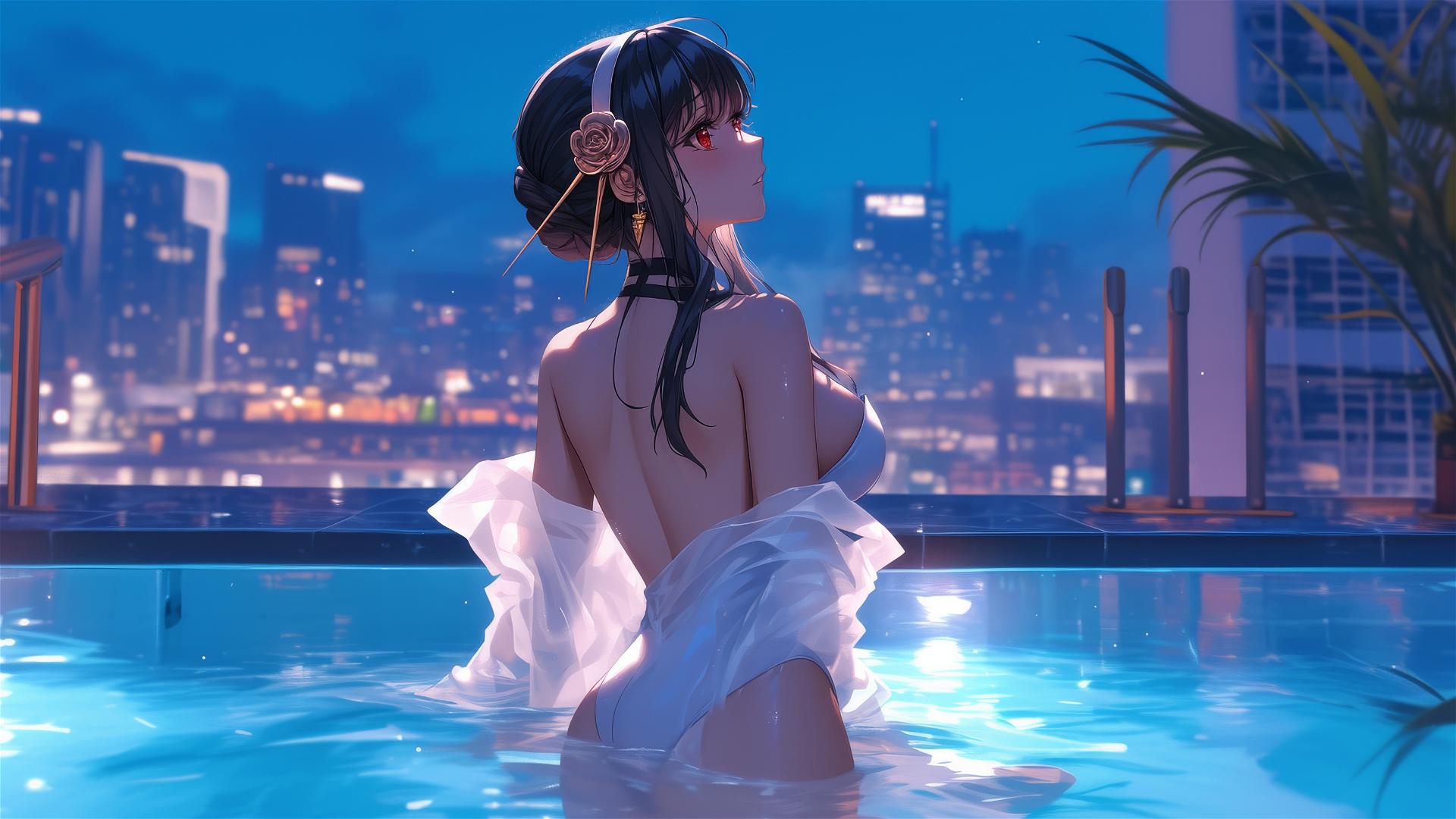 Yor Forger in white bunny outfit in moonlit pool