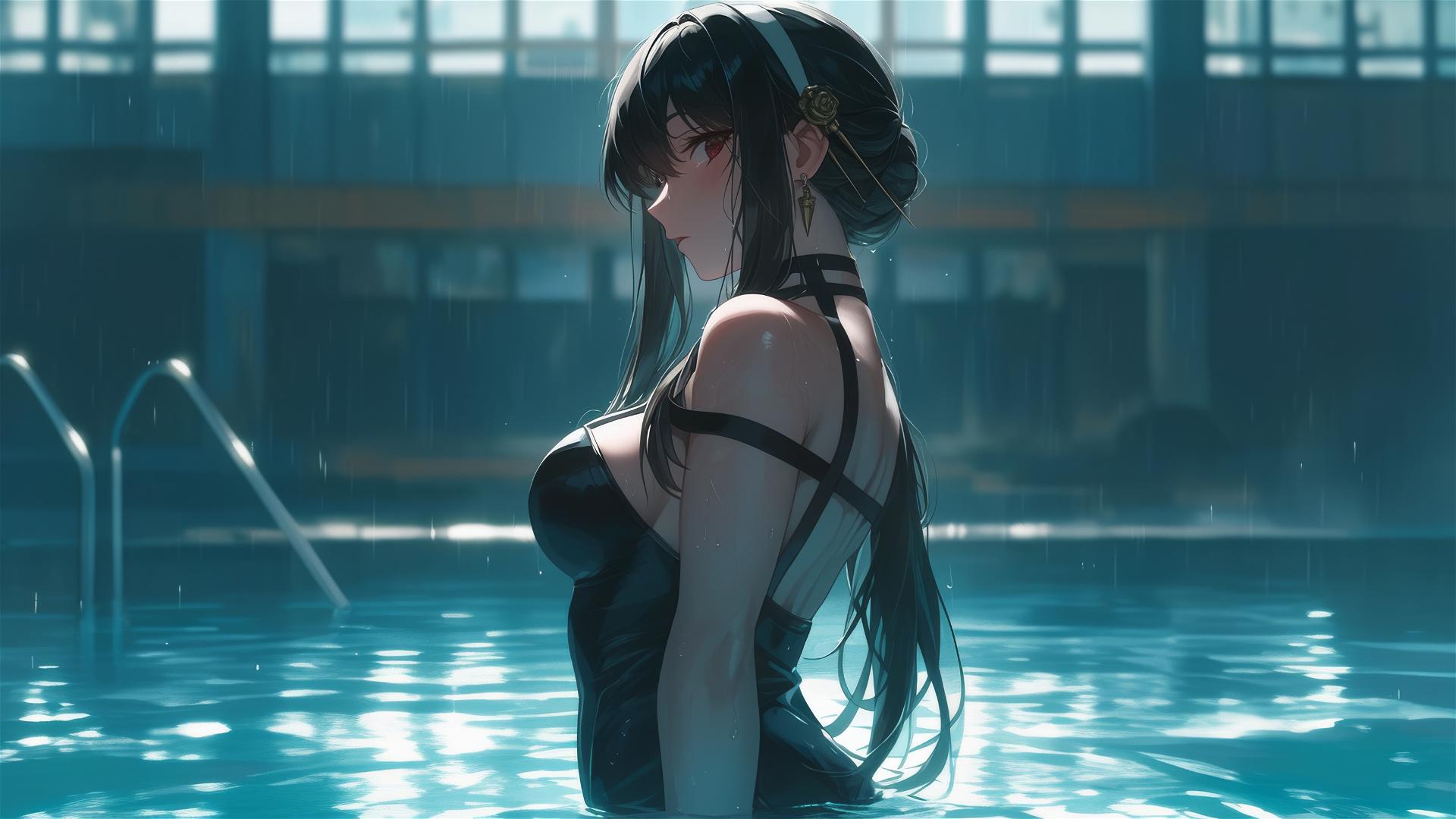 Yor Forger in bunny girl style, standing in a pool under moonlight, rainy day, dressed in white