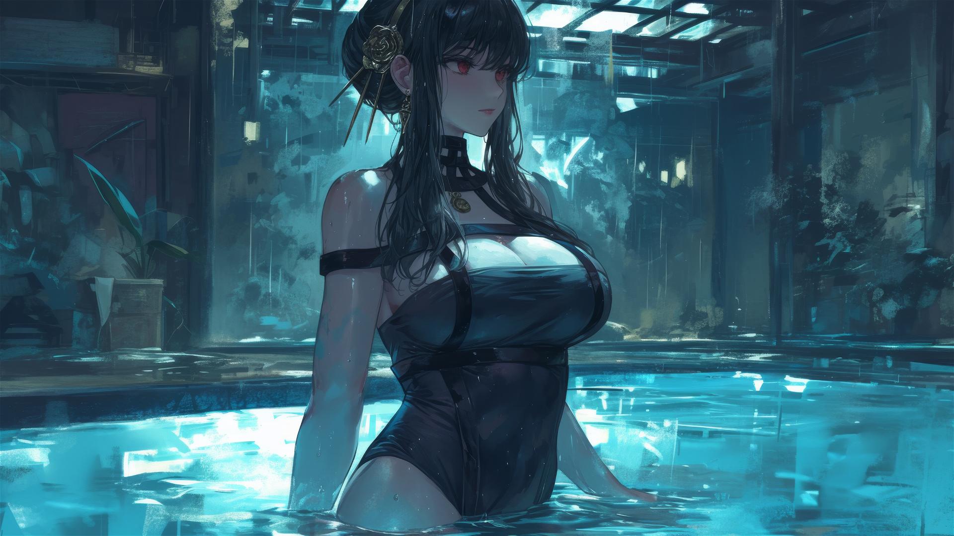 Yor Forger as a bunny girl in a pool with moonlight and rain