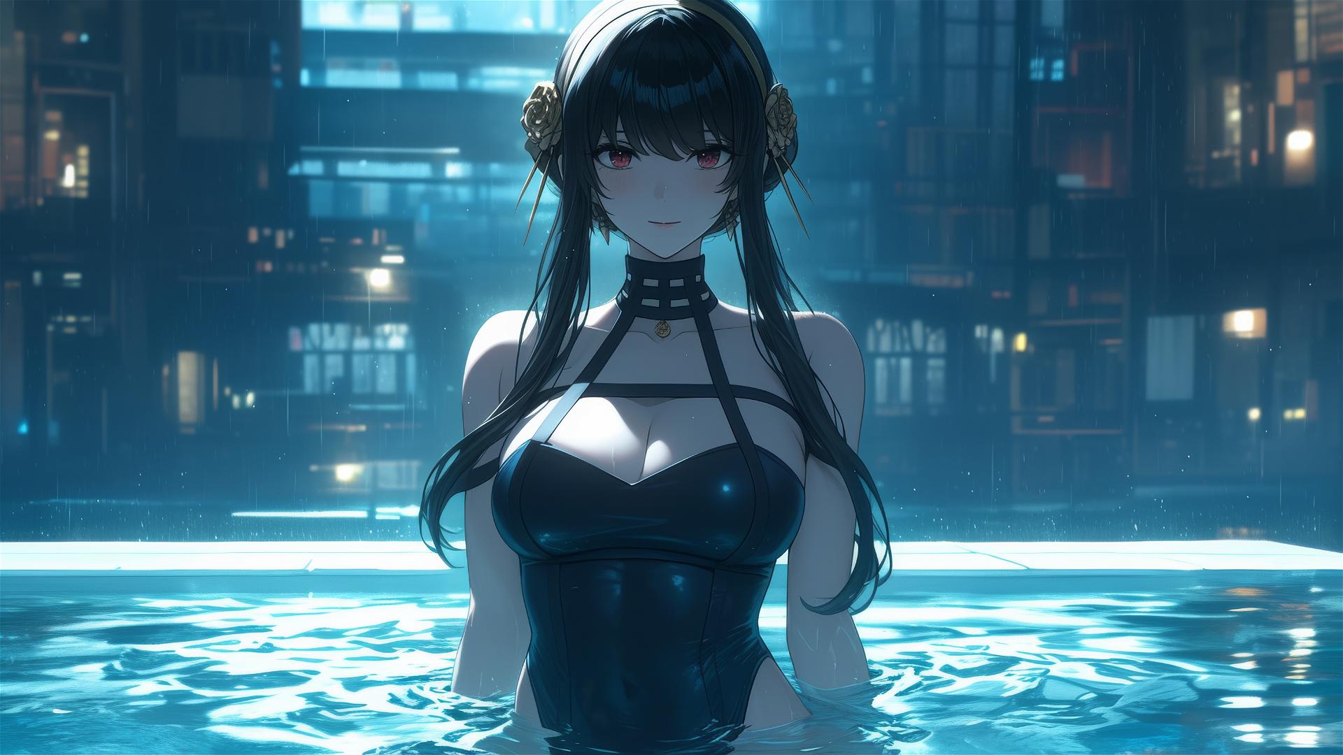 Yor Forger from Spy x Family, bunny girl, in pool, moonlit, rainy day