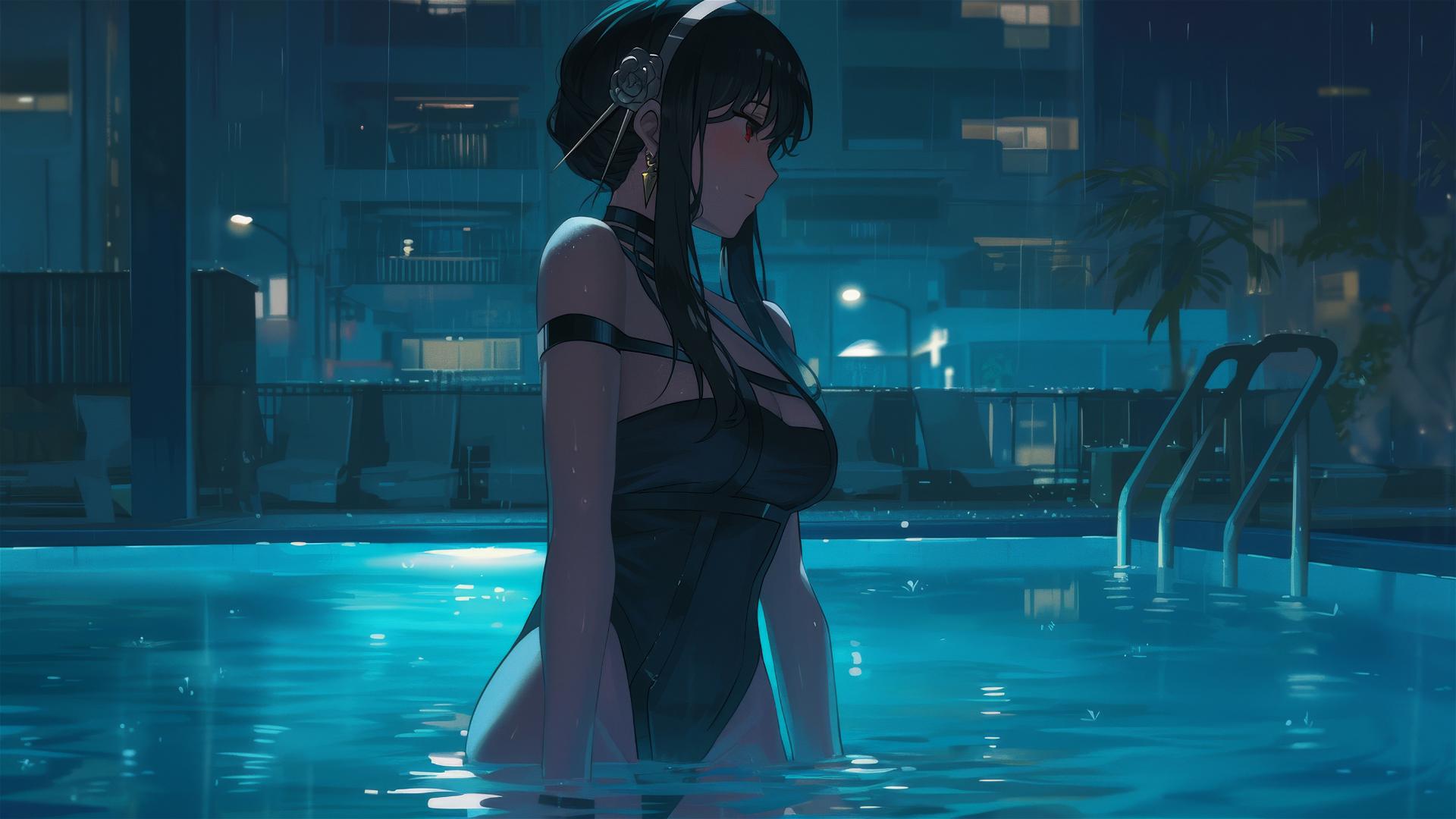 Yor Forger in bunny girl outfit standing in a pool under moonlight with rain