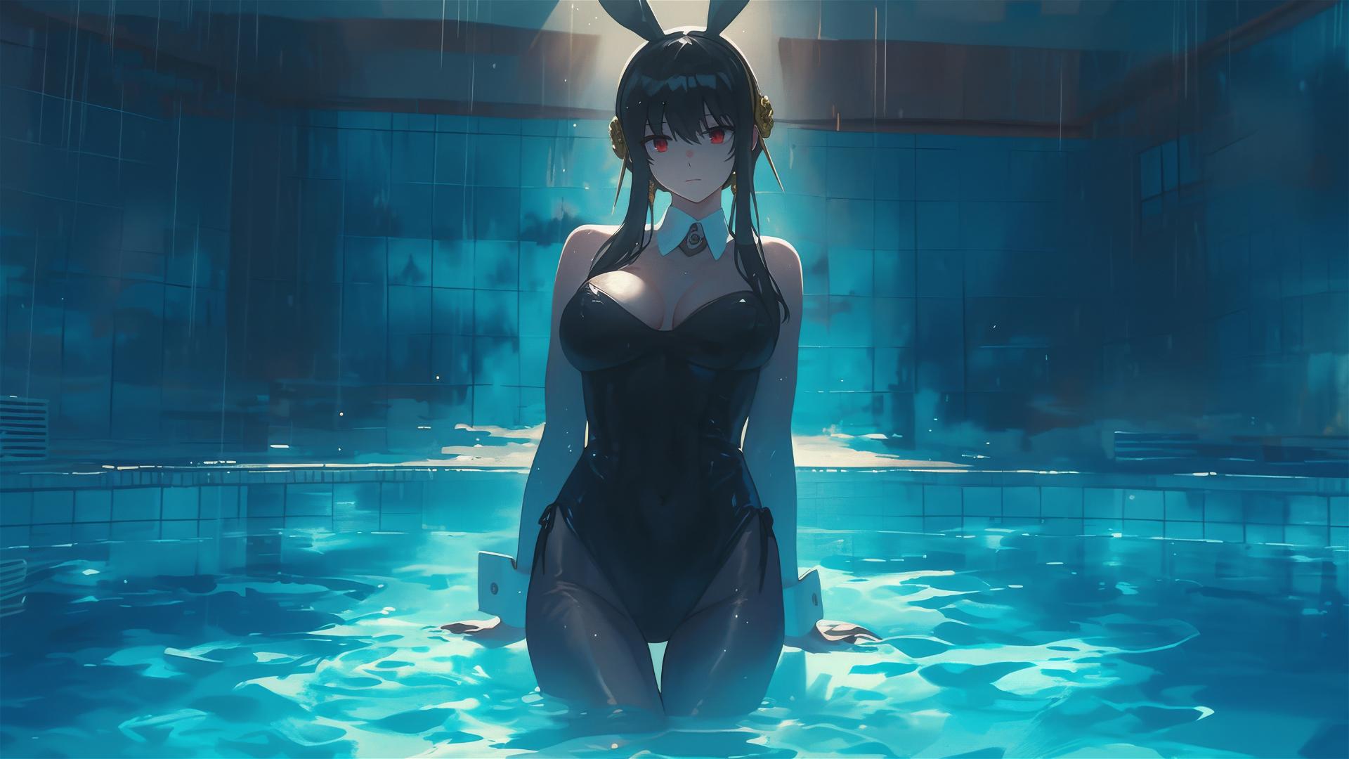Yor Forger as bunny girl in a pool, moonlit, rainy night