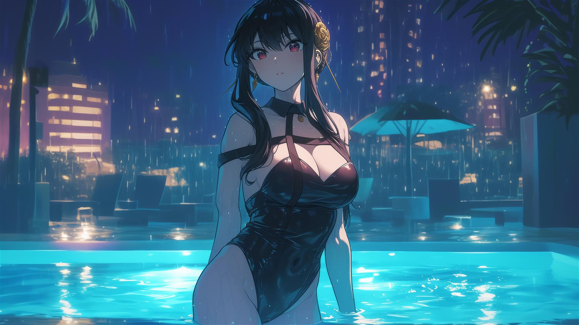 Yor Forger as a bunny girl in a pool with moonlight and rain