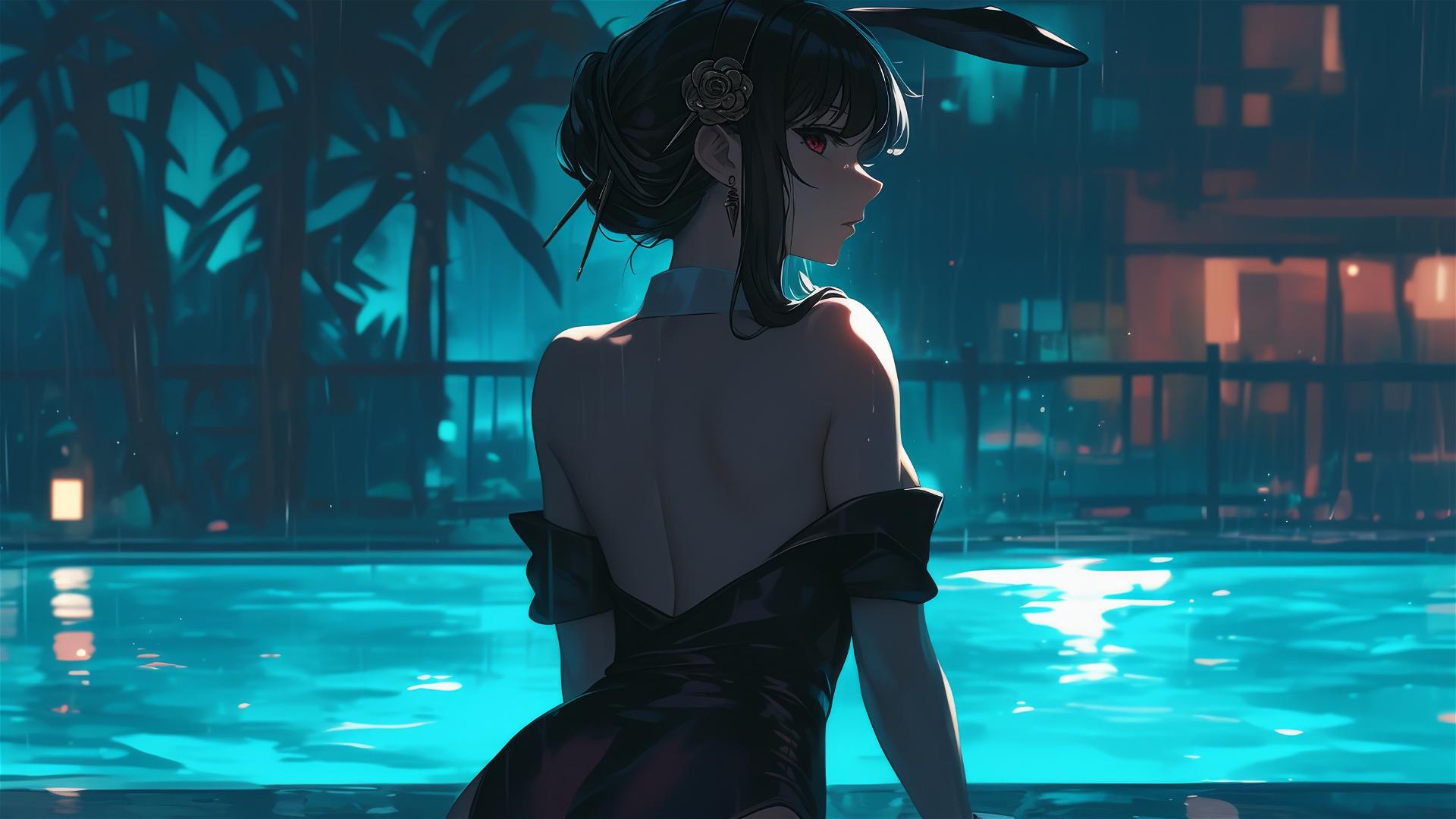 Yor Forger as a bunny girl in a pool under moonlight on a rainy day