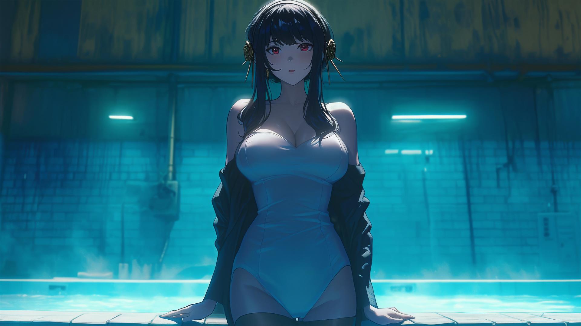 Yor Forger from Spy x Family in bunny girl style, standing in pool under moonlight on a rainy day, wearing white.