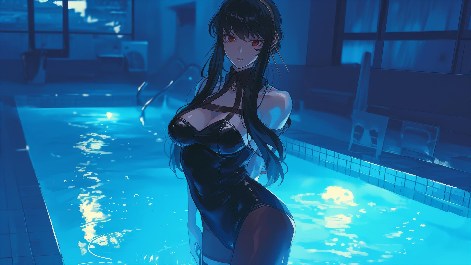 Yor Forger from Spy x Family in bunny style outfit, standing in a pool under moonlight on a rainy day, dressed in white.