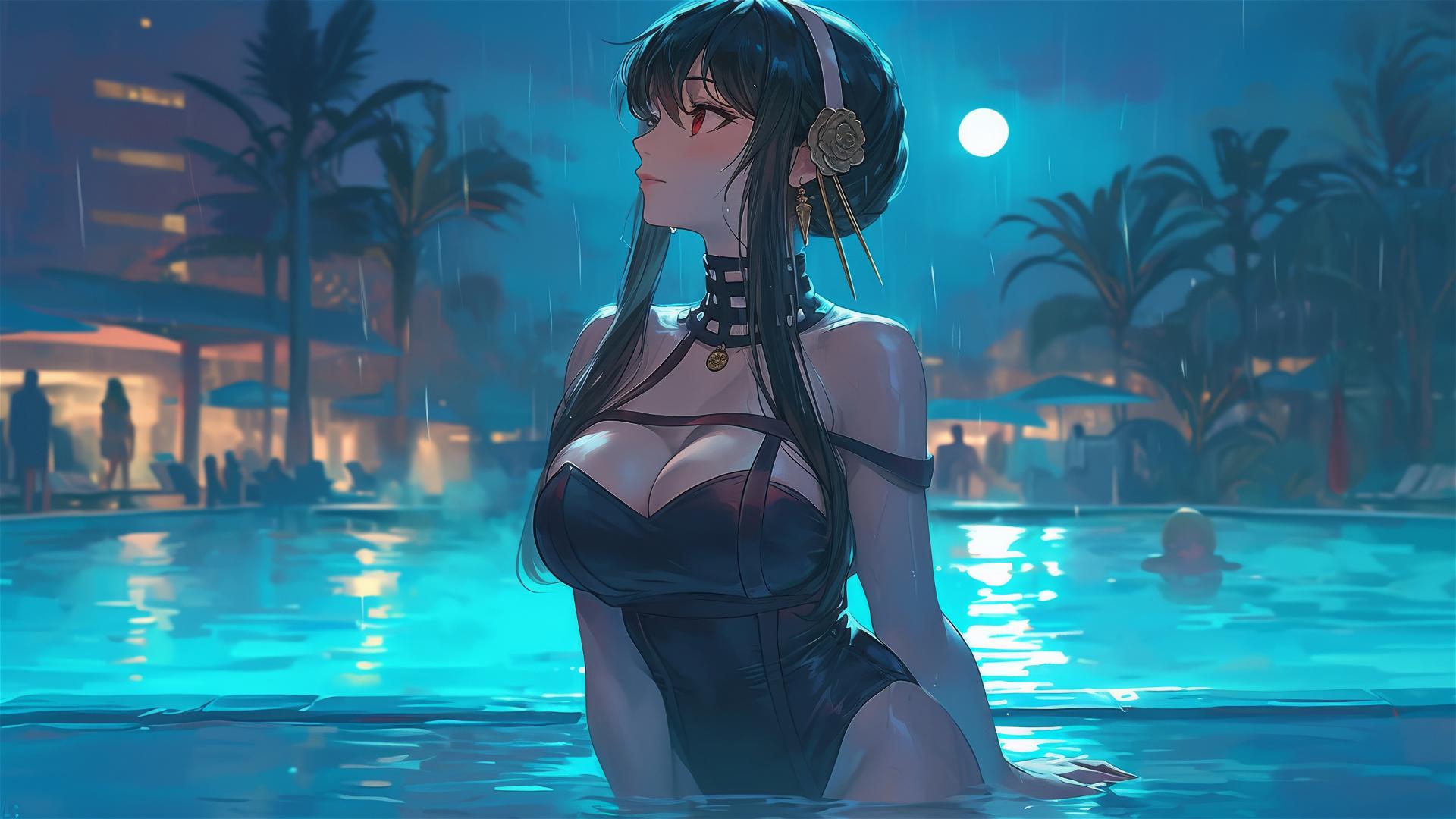 Yor Forger as a bunny girl standing in a pool under moonlight on a rainy day, dressed in white