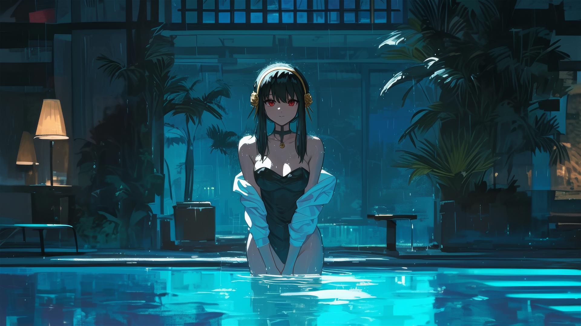Yor Forger from Spy x Family in a bunny outfit in a moonlit pool
