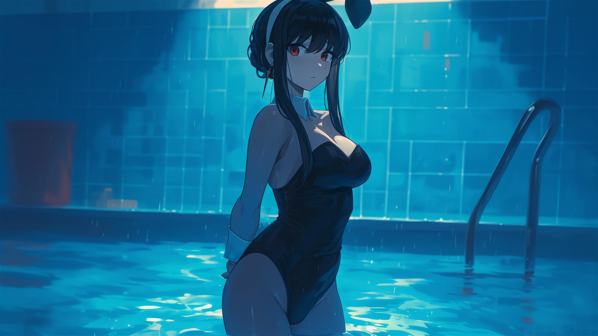 Yor Forger as a bunny girl in a pool under moonlight, rain with a white outfit