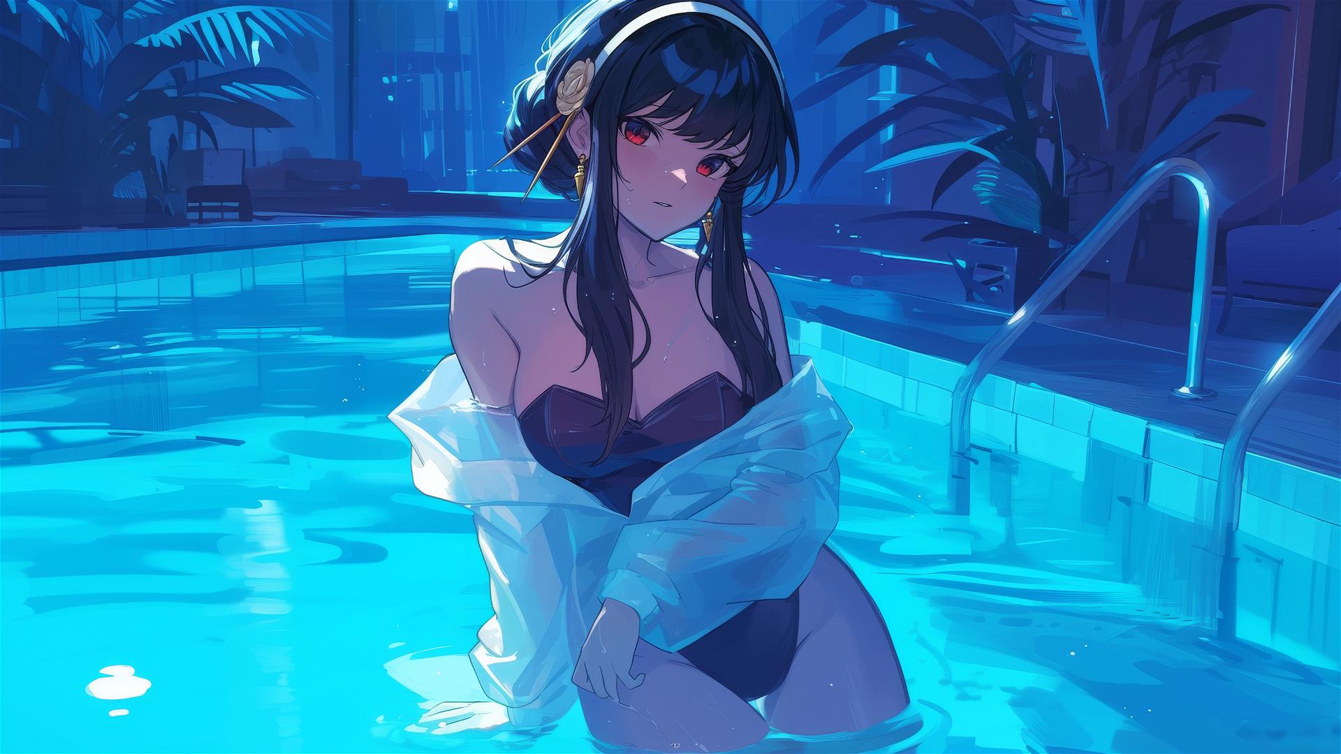 Yor Forger from Spy x Family in a bunny outfit in a moonlit pool