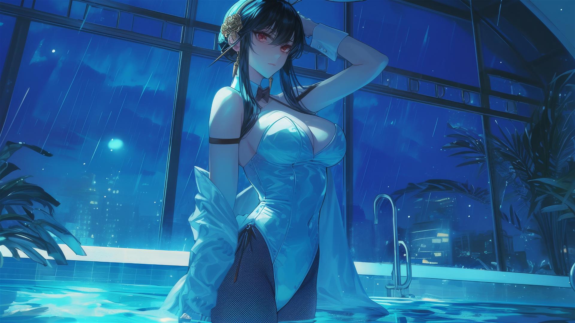 Yor Forger from Spy x Family, bunny girl in the pool under moonlight