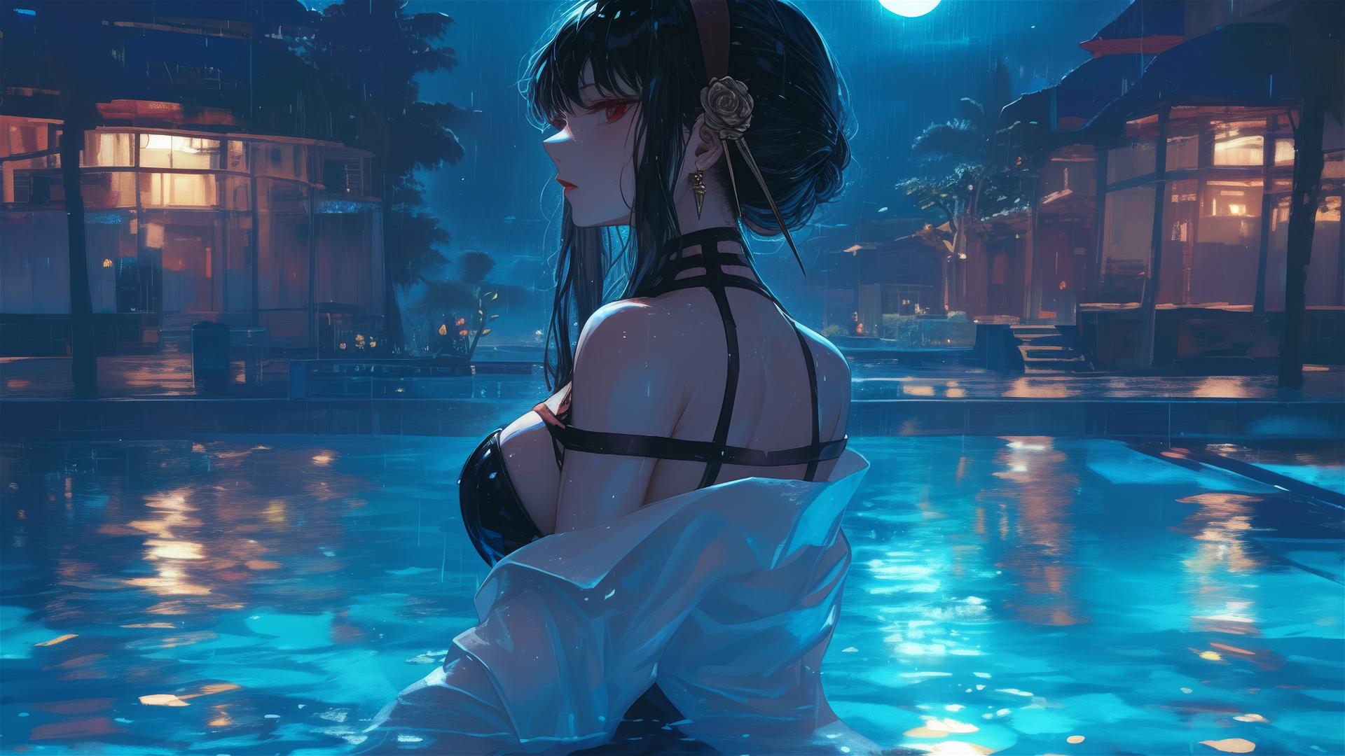 Yor Forger in bunny girl style standing in a pool on a rainy night