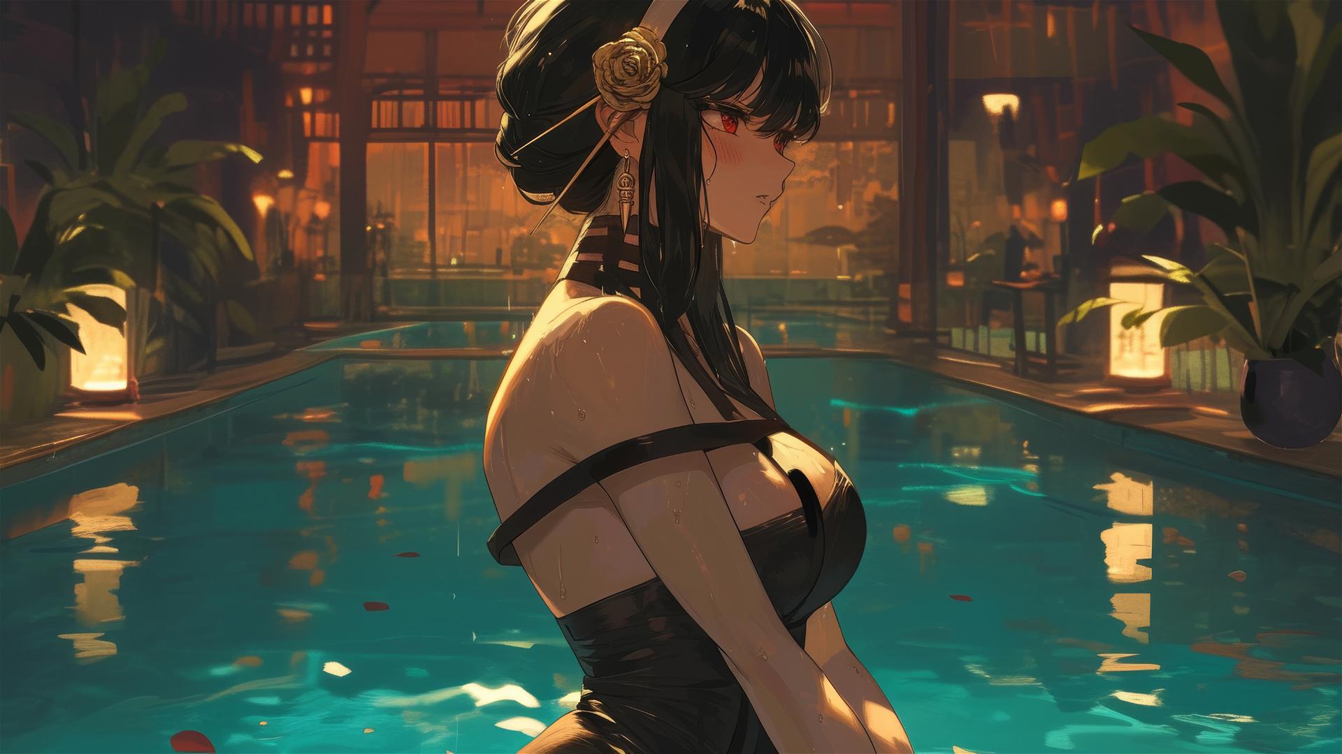 Yor Forger in bunny girl outfit stands in pool under moonlight on rainy day