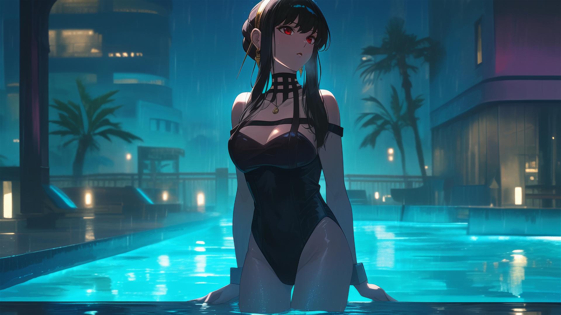 Yor Forger in bunny costume by pool under moonlight on a rainy day