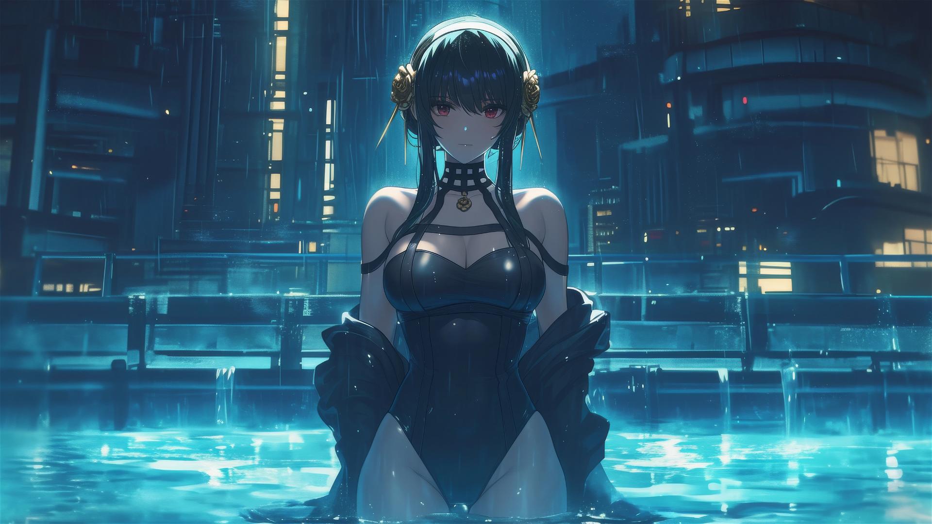Yor Forger from Spy x Family in bunny girl outfit standing in pool under moonlight with rain