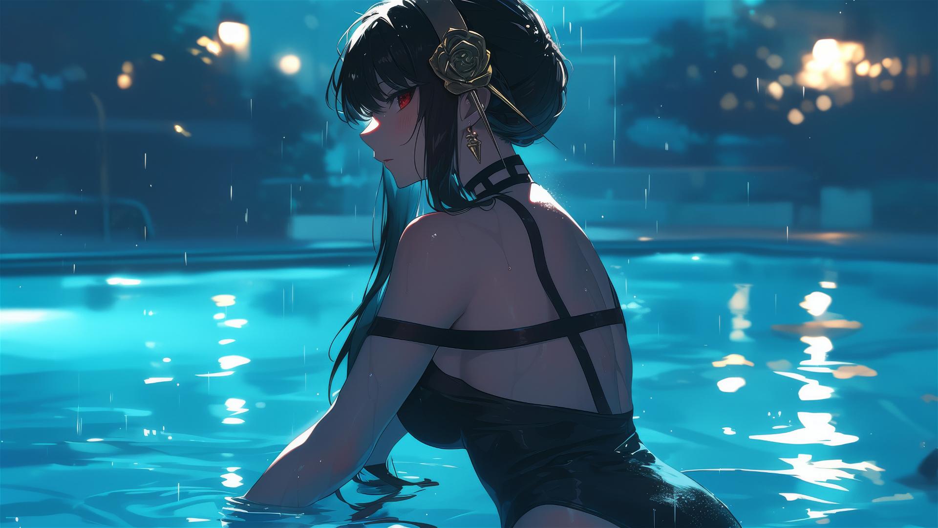 Yor Forger in bunny costume in moonlit pool on rainy day