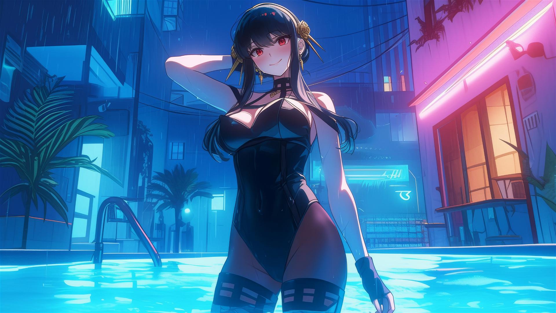 Yor Forger as a bunny girl in the pool under moonlight on a rainy day