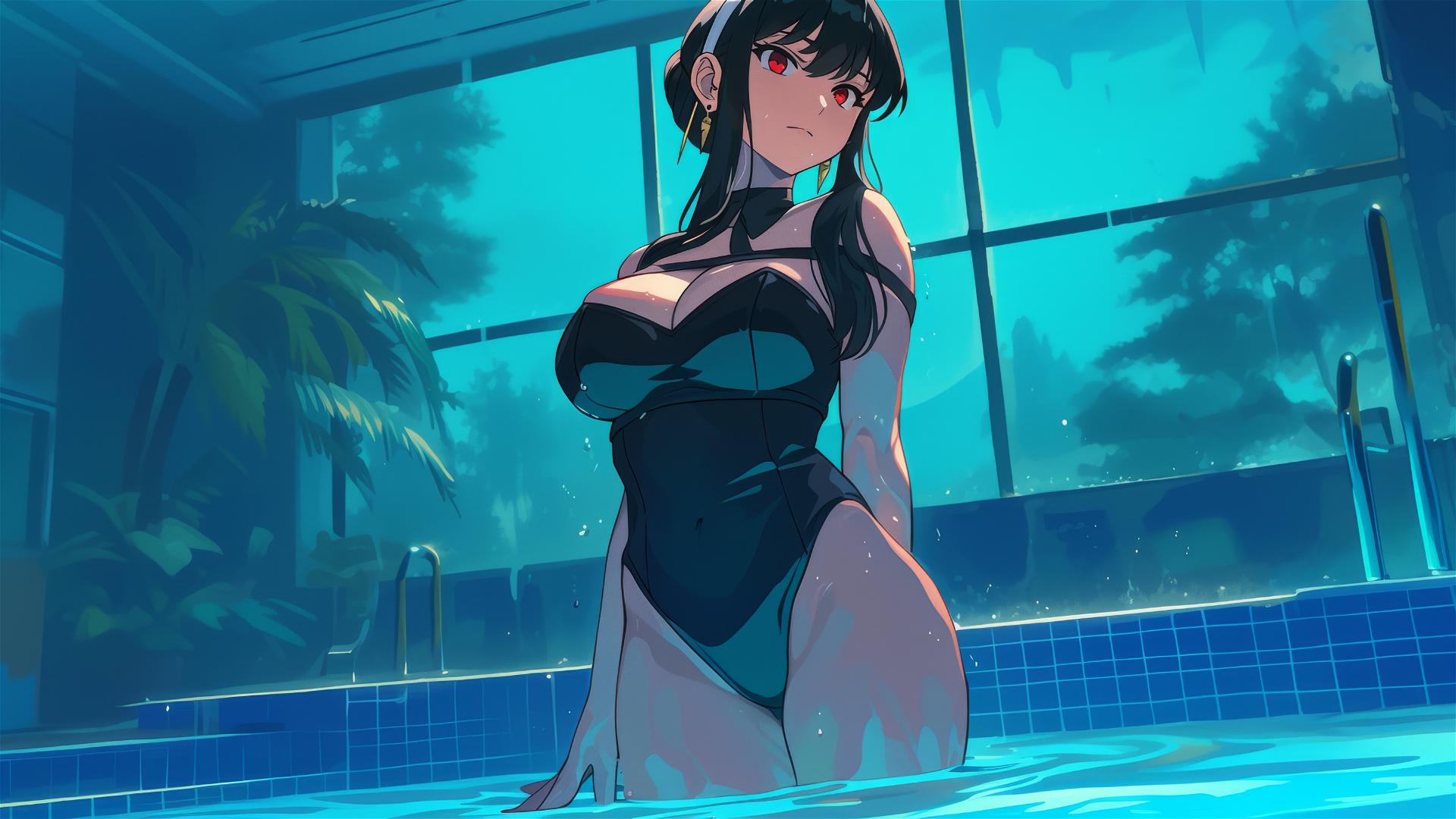 Yor Forger from Spy x Family in a bunny outfit in a pool under moonlight on a rainy day