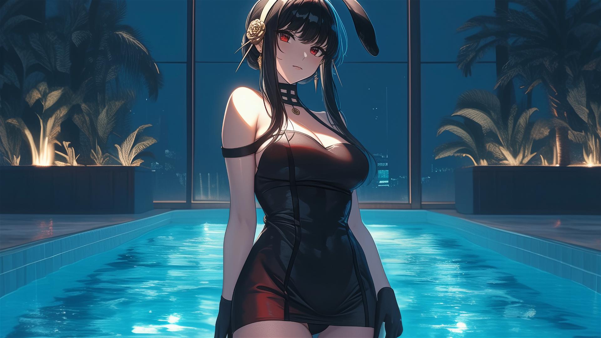 Yor Forger in bunny girl outfit standing in a pool under moonlight