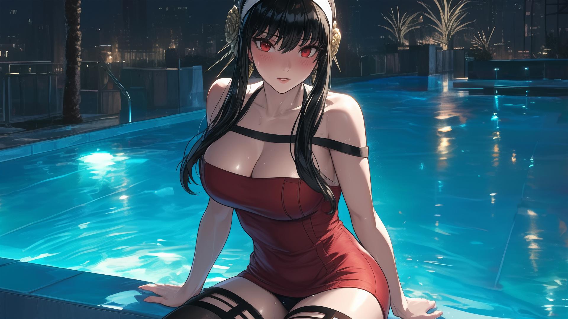 Yor Forger as a bunny girl standing in a pool under moonlight