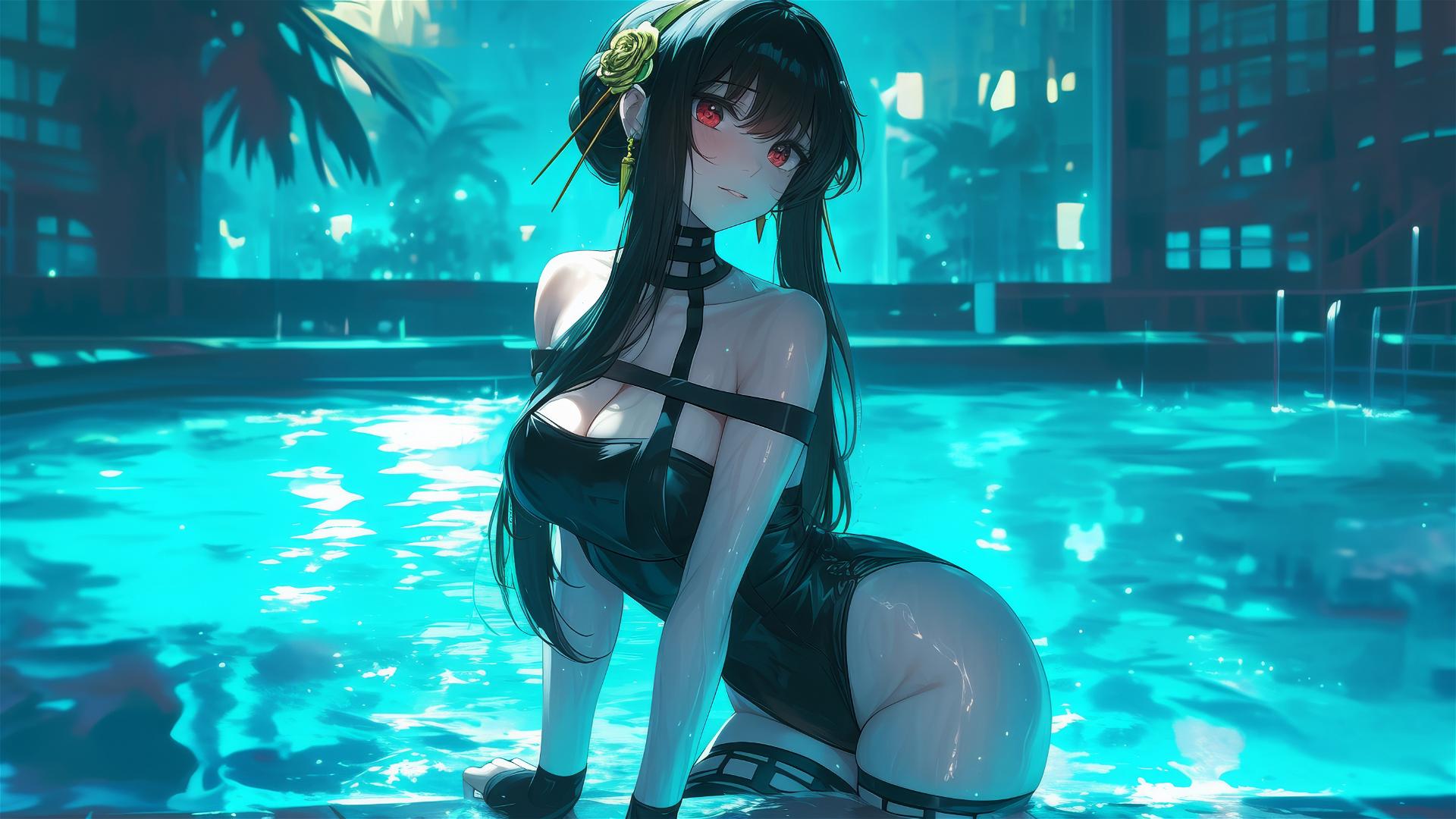 Yor Forger from Spy x Family in a bunny girl outfit swims in a moonlit pool.