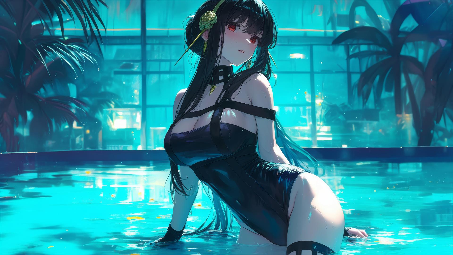 Yor Forger as a bunny girl swimming in moonlit pool from Spy x Family