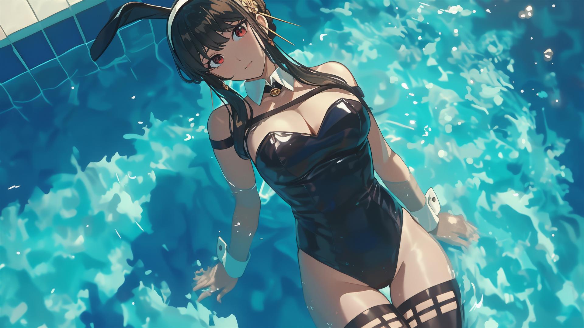 Yor Forger in bunny girl outfit swimming in moonlit pool