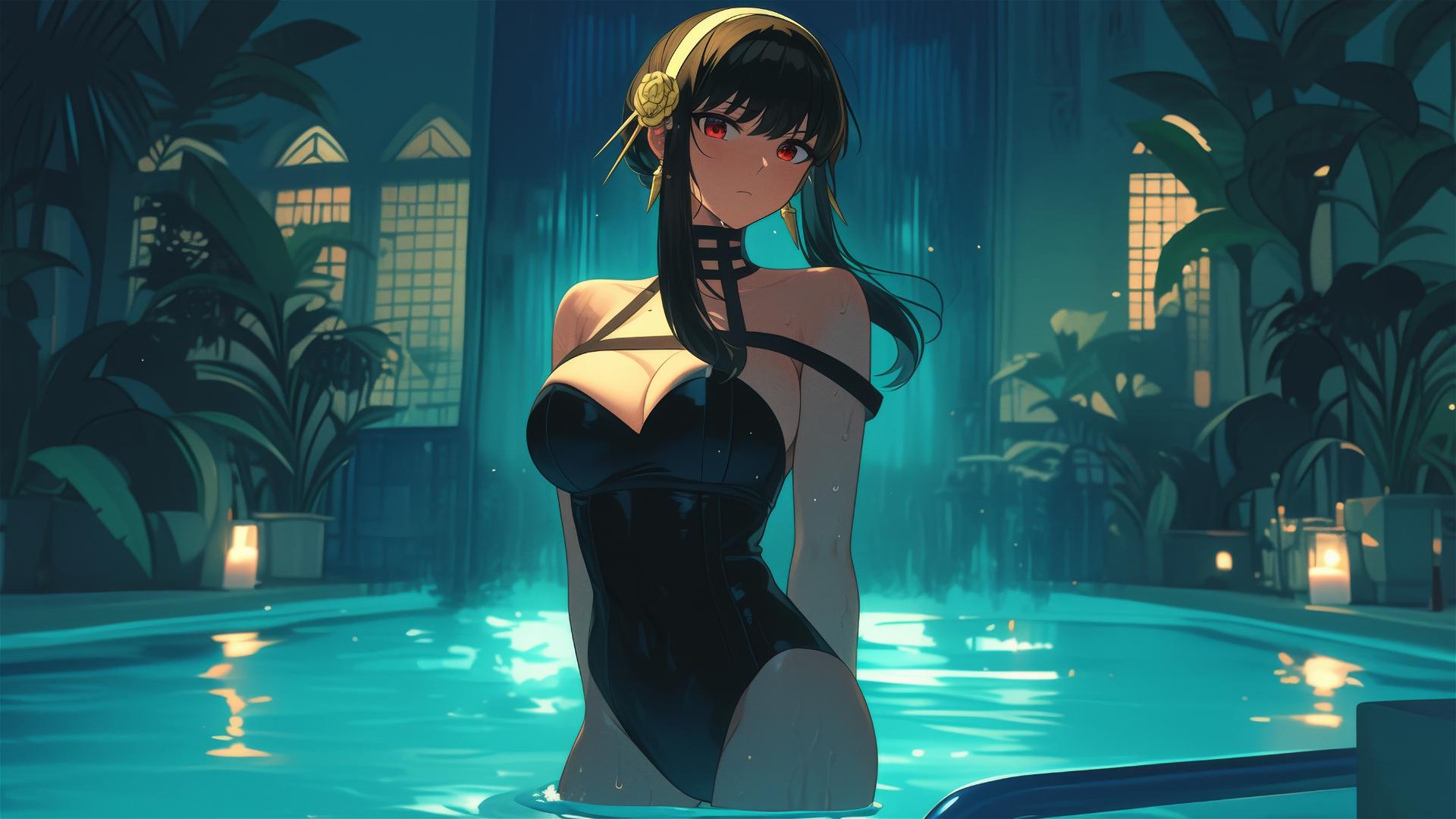 Yor Forger in bunny girl outfit standing in pool under moonlight
