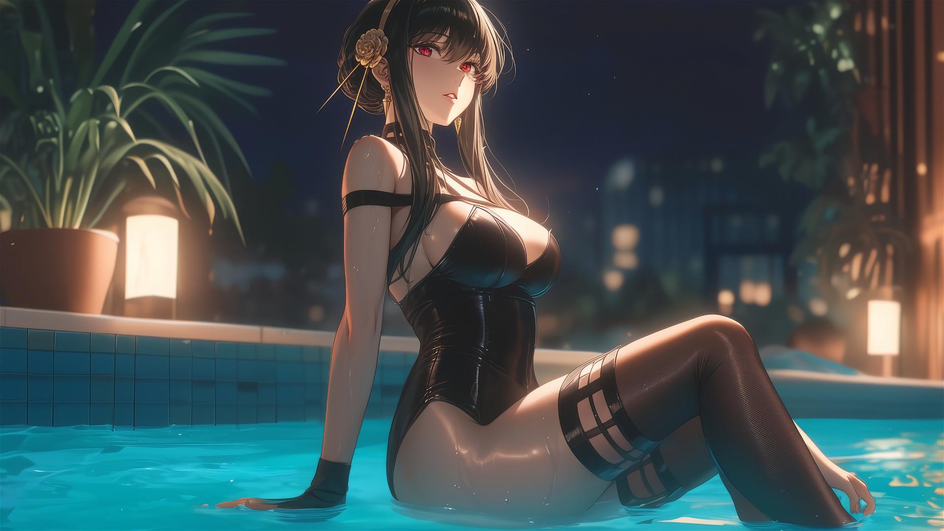 Yor Forger as a bunny girl in a pool under moonlight