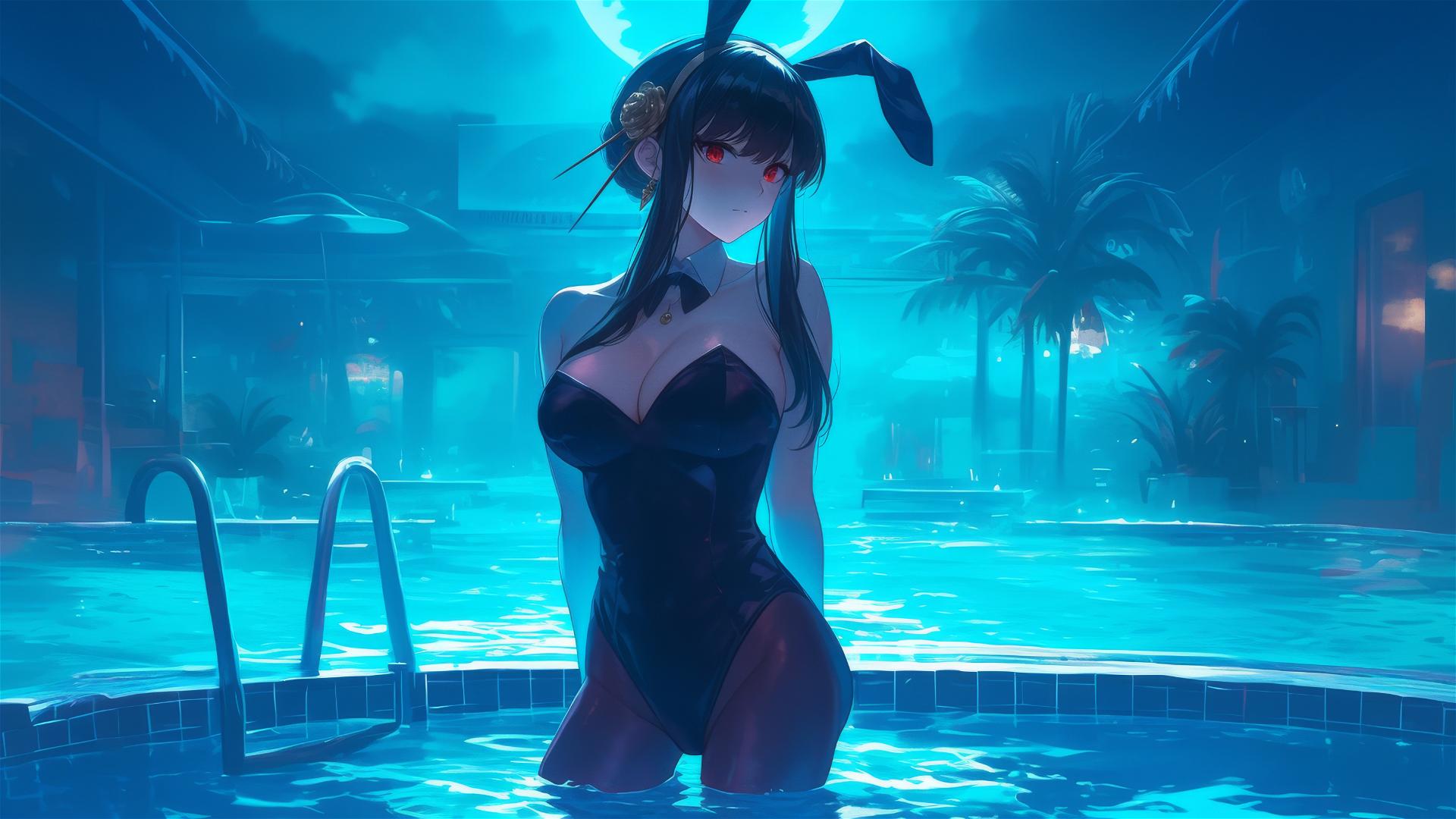 Yor Forger as bunny girl in pool under moonlight