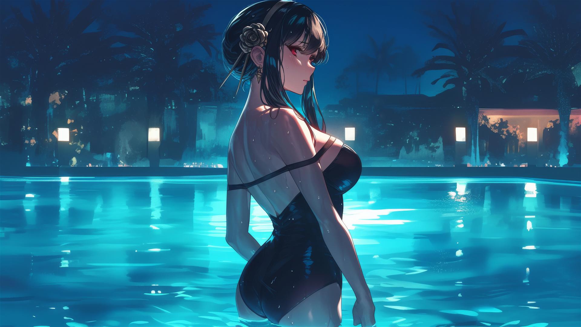 Yor Forger from Spy x Family in bunny girl style by the pool under moonlight