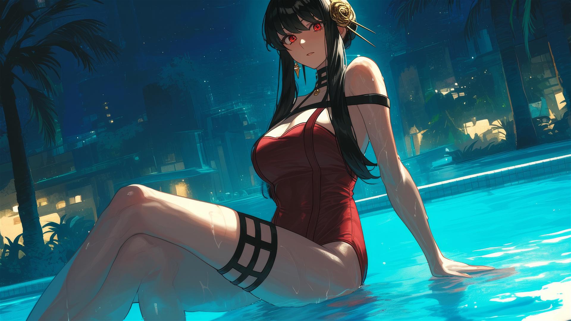 Yor Forger in bunny girl attire in a pool under moonlight