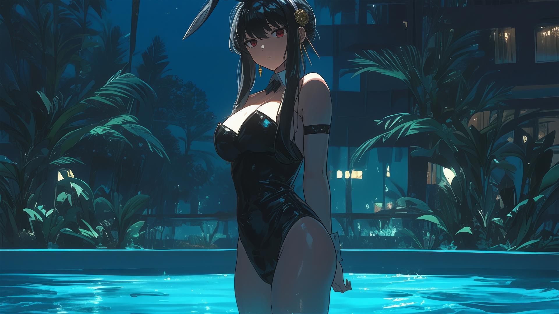 Yor Forger from Spy x Family in bunny girl outfit by moonlit pool