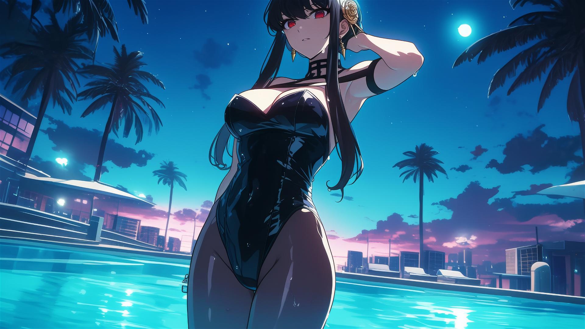 Yor Forger in bunny girl outfit standing in pool under moonlight