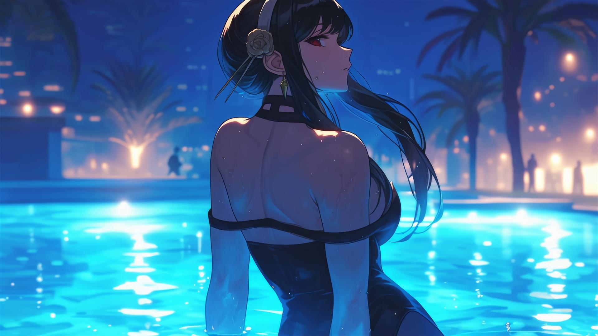 Yor Forger from Spy x Family in bunny girl style by moonlit pool
