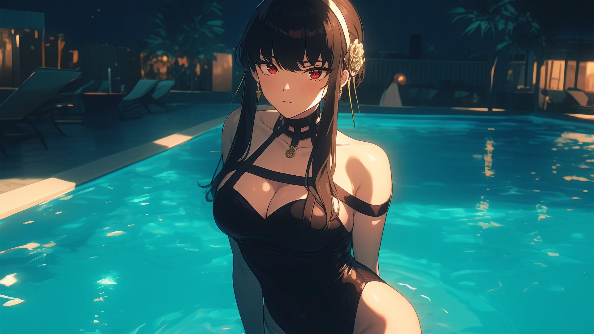 Yor Forger in bunny girl outfit standing in pool under moonlight