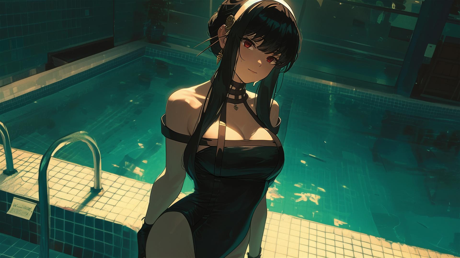 Yor Forger from Spy x Family in bunny style at moonlit pool