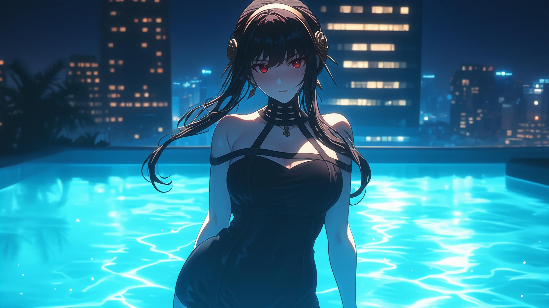 Yor Forger from Spy x Family as a bunny girl in a pool under moonlight
