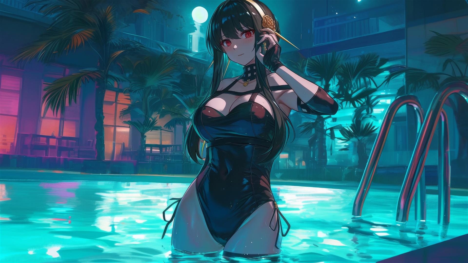 Yor Forger in bunny girl style, standing in pool under moonlight