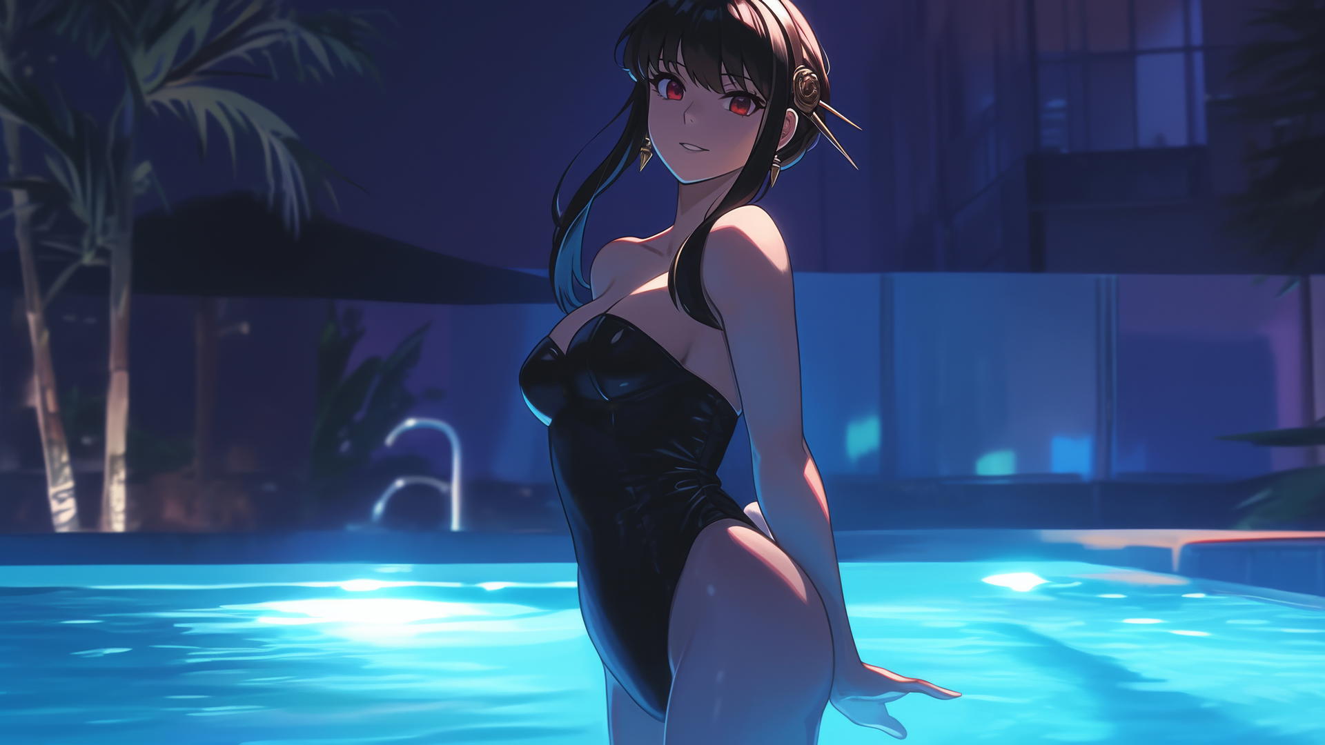 Yor Forger from Spy x Family in bunny girl style standing in a pool under moonlight