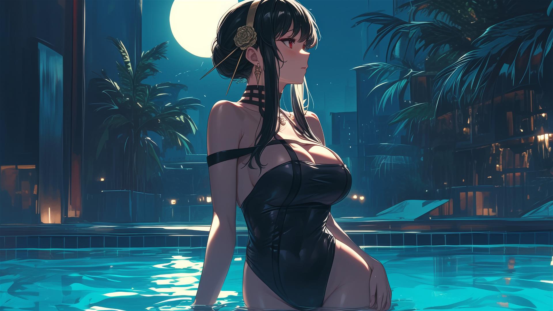 Yor Forger in bunny girl outfit by pool in moonlight