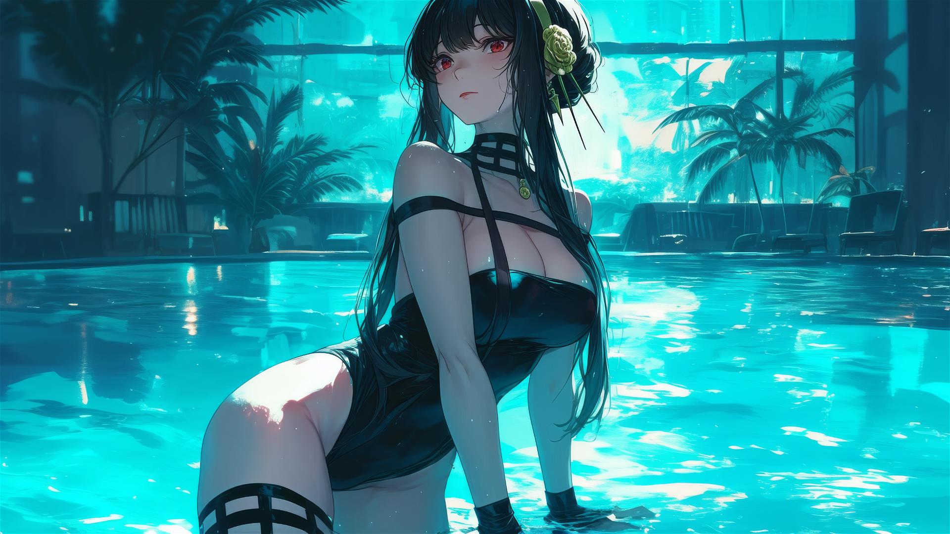Yor Forger in bunny outfit swimming under moonlit pool
