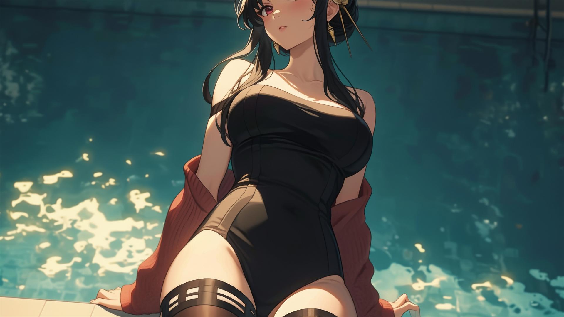 Yor Forger as a bunny girl swimming in moonlit pool.