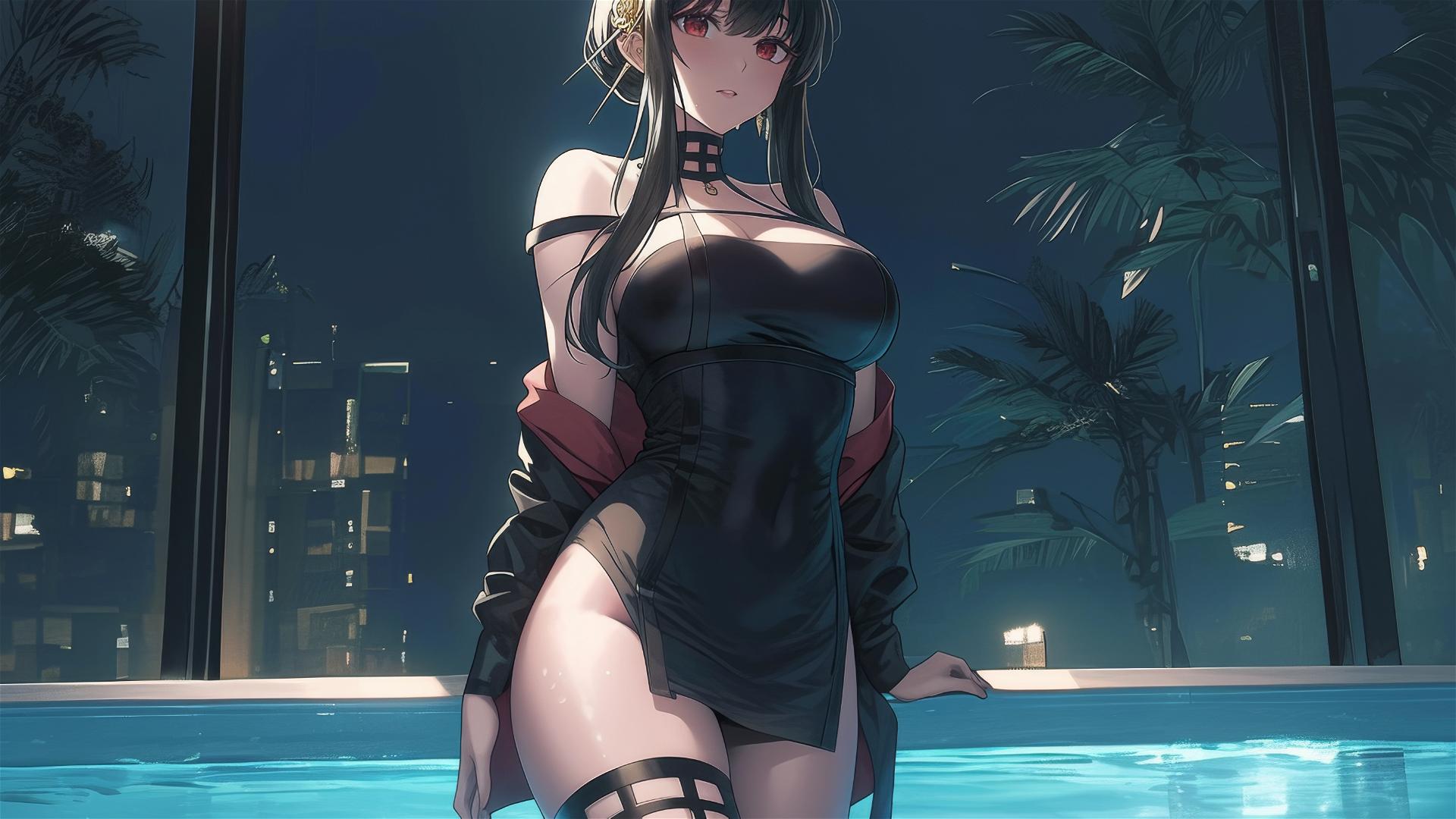 Yor Forger in bunny style by pool under moonlight
