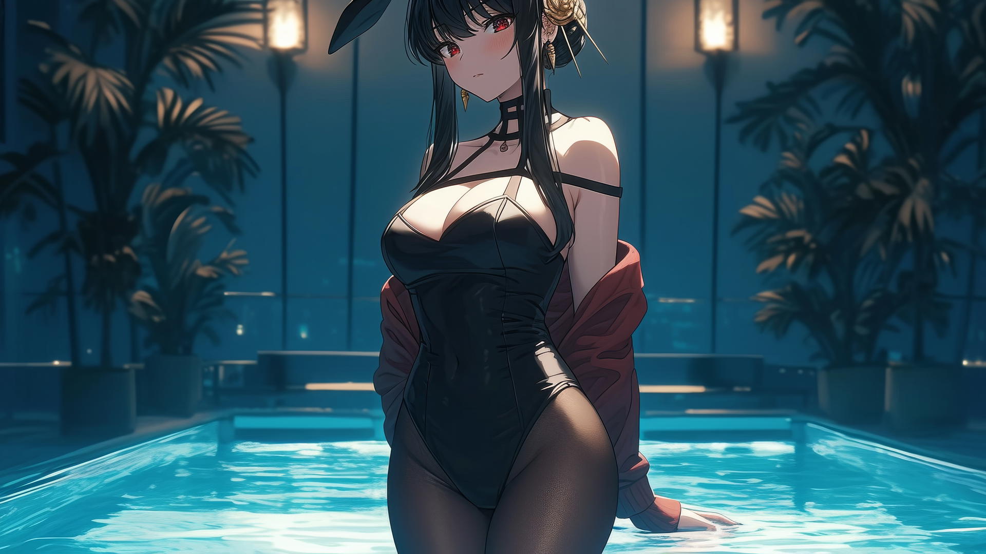 Yor Forger from Spy x Family, in bunny girl outfit by moonlit pool