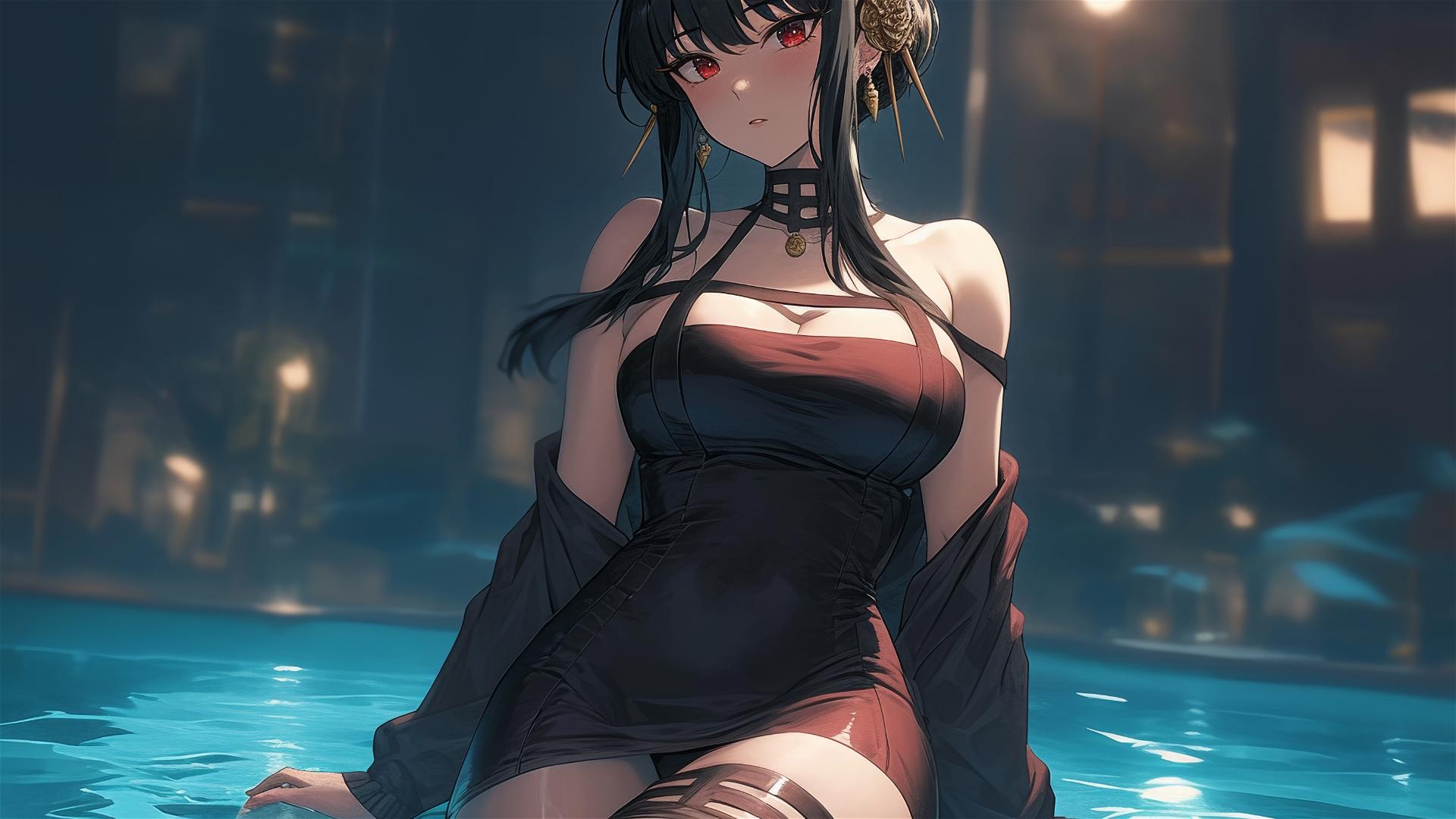 Yor Forger in bunny girl style standing in pool under moonlight