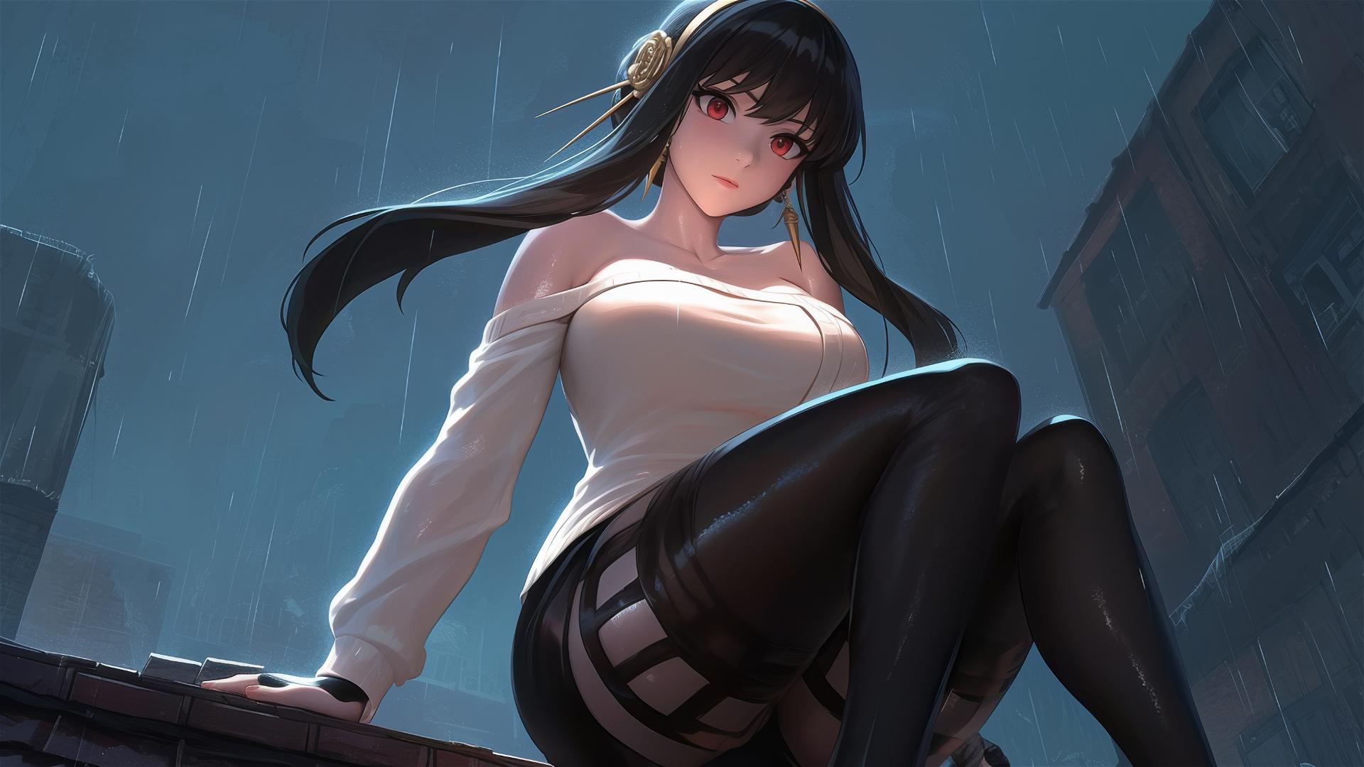 Yor Forger from Spy x Family standing under moonlight on a rainy rooftop