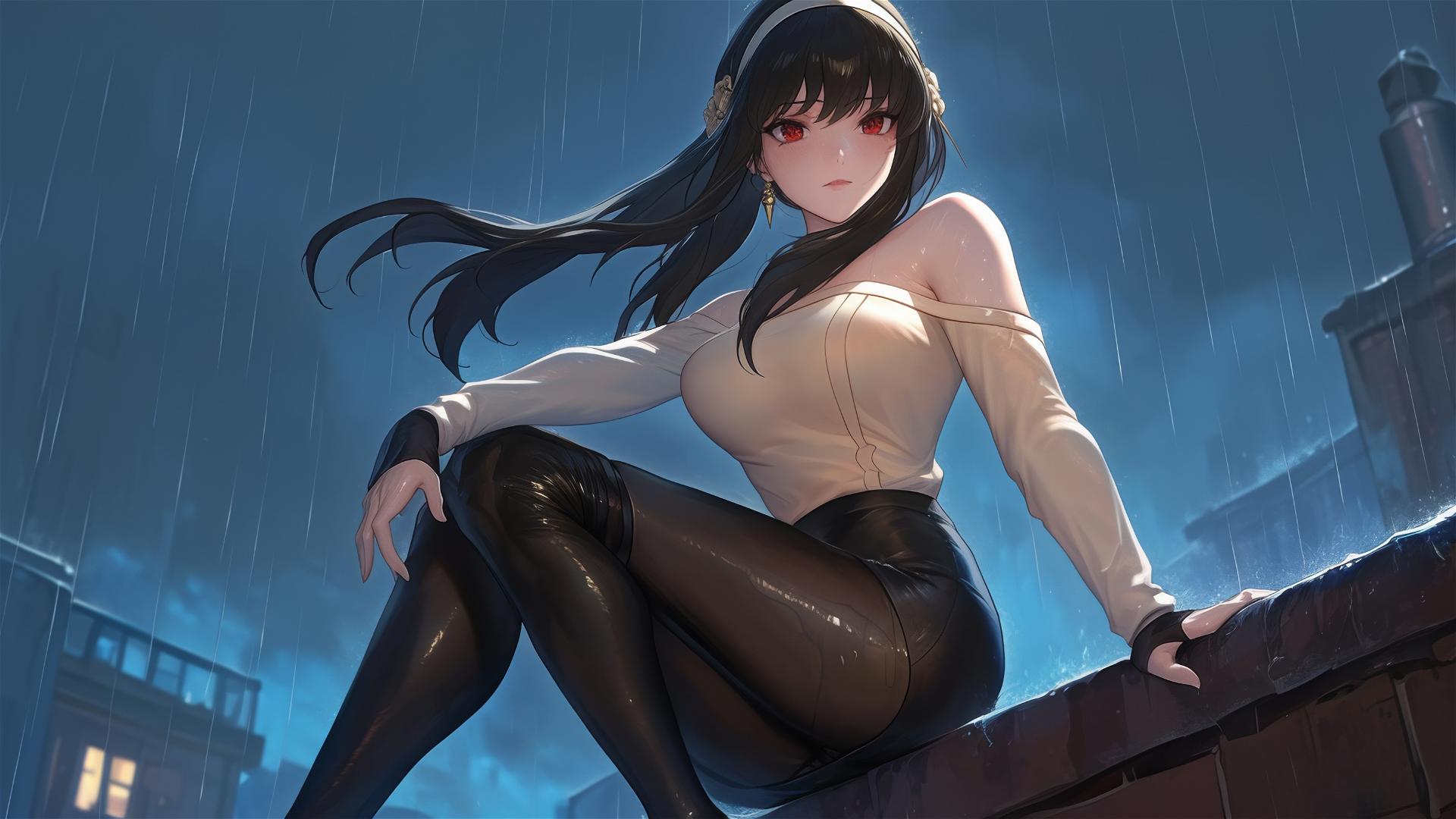 Yor Forger from Spy x Family standing on a rainy rooftop with moonlight casting a glow on her